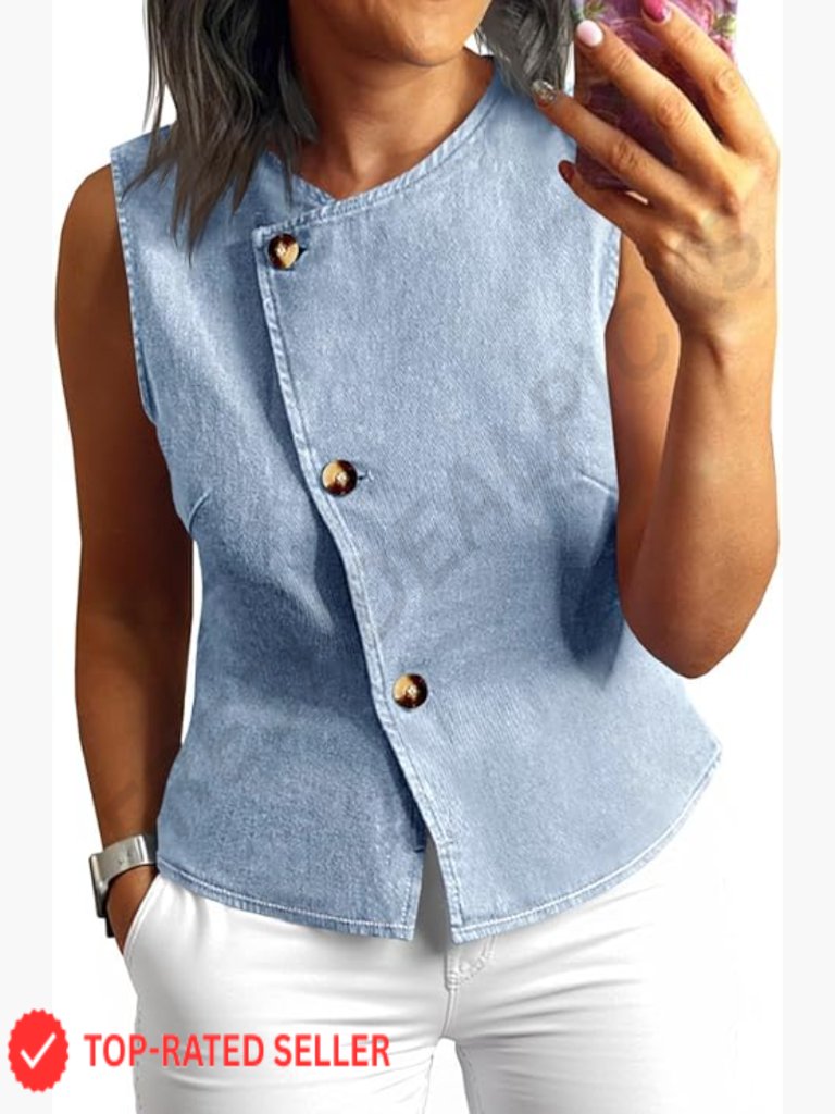 Denim Vest Top Sleeveless Button Down Business Casual Slim Fit Chic